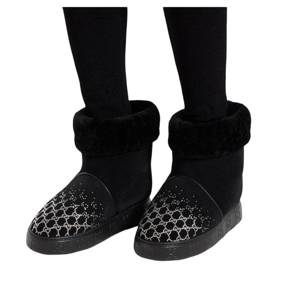 Gucci GG Crystal Motif Black Suede Short Boot Merino Wool Lined Size 39 / US 9